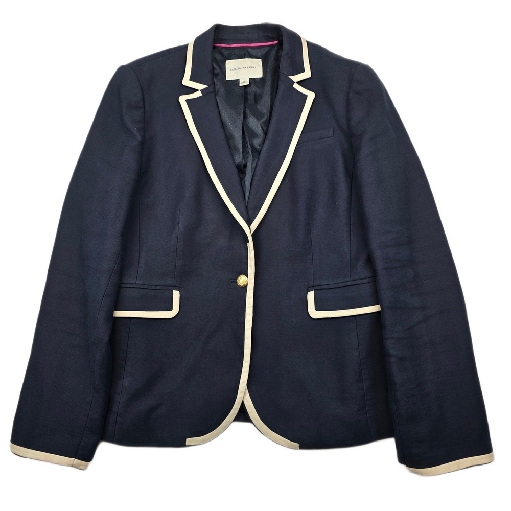 Banana Republic Blazer Womens 14 Navy Blue Cotton Knit Contrast Piping Nautical
